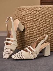 WHDXY Sandal Wanita Gaya Eropa dan Amerika 7cm dengan Desain Berongga, Gesper Ganda, Ujung Tertutup, Hak Tebal, Warna Aprikot, Bernapas, Serbaguna, Cocok untuk Bepergian, Bekerja, Kencan, dan Pesta - Aprikot - View 6