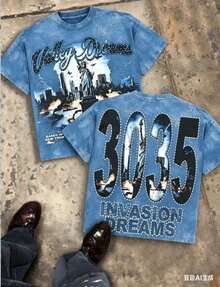 Valley Dreams Statue Of Liberty & City Explosion & "3035 INVASION DREAMS" Text 230g Combed Washed Cotton T-Shirt, Street Short-Sleeve Top, American - 藍色 - 查看 9