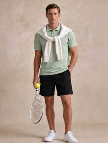 Courvante 男士配色拼接飾邊鈕扣休閒短袖 Polo 衫，夏季款，純綠色，適合高爾夫、網球，極簡男友風 - 綠色 - 查看 2