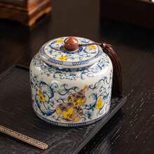 复古蓝白莲花陶瓷圆罐，家居装饰，储物罐，茶室桌面橱柜装饰罐 - 查看 4