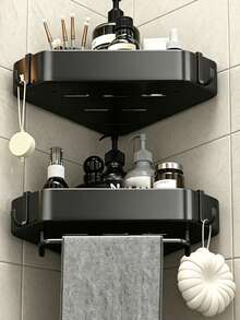 2 piezas Estantería de esquina para baño - Sin taladro, estante de pared con ganchos y barra para toallas; muy ahorradora de espacio, diseñada para organizar artículos de baño para bebés, artículos de tocador y artículos esenciales para niños. - Multicolor - Ver 3