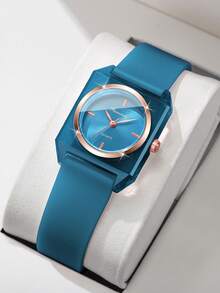 1pc Women's Silicone Quartz Watch, Fashionable Minimalist Square Dial, Classic Elegant Wristwatch - Blue - View 1