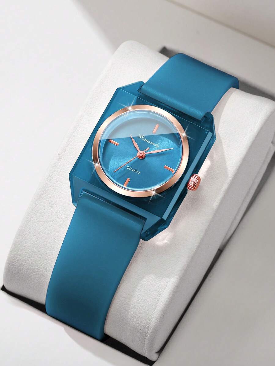 1pc Women's Silicone Quartz Watch, Fashionable Minimalist Square Dial, Classic Elegant Wristwatch - Blue - View 1