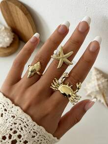 3pcs Crab, Starfish, Seashell Shaped Boho Vintage Style Rings, Classic Gold Color Rings For Women - Gold - View 7