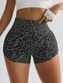 1pc Women's Leopard Print Seamless Side Ruched High Waist Slimming Yoga Pants, Suitable For Yoga, Running, Cycling And Daily Wear - Black - View 11