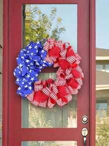 1 pieza, Guirnalda de puerta de 35 cm para decoración del Día de la Independencia con cintas rojas y azules, bandera de estrella de cinco puntas, diseño de parches de cinta, para decoración del hogar, fondo de ventana/puerta, exterior, jardín, colgar en la puerta principal, accesorios de ambiente, recuerdo festivo - corona de cintas con la bandera estadounidense - Ver 6