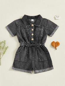 Toddler Girls Denim Overalls Shorts Short Sleeves Turn Down Collar Button Down Elastic Waist Jean Romper - Black - View 3