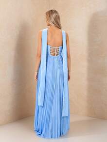 Robe élégante froncée sans bretelles, en tissu satin, robe de soirée de mariage gracieuse - Bleu azur - Voir 2