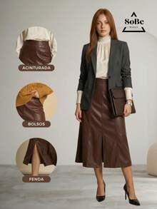Women's Luxury High-Waisted A-Line Midi Skirt In Faux Leather - Marrón Chocolate - Ver 6