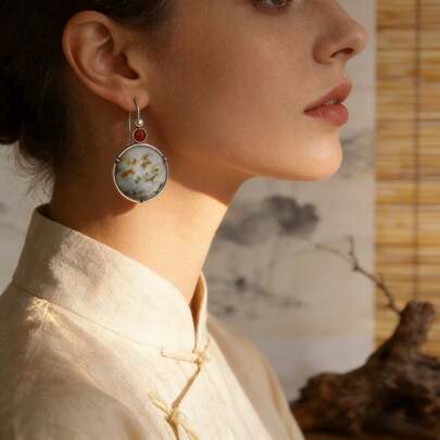 复古双色锆石圆盘耳环，Niche Design Sense 做旧银色耳环