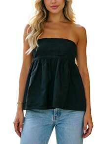 Women Sexy Strapless Ruffle Hem Tube Top Summer Solid Sleeveless Backless Tube Top Pleated Peplum Flowy Bandeau Top - màu đen - Xem 1