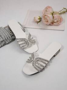 Sparkling Rhinestone Low Heel Slippers, Comfortable Chunky Heel Design, Daily, Summer New Outdoor, Beach, Date, Party Versatile Women Strap Sandals - White - View 6