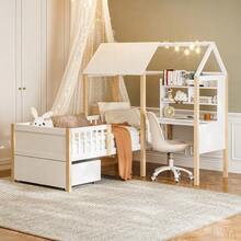(Previous Reference: W2845S00049) Children's Bed 90 X 200 Cm With Fall Protection And Slatted Bed Base, L-Shaped Desk And Shelving Unit, Drawers With Wheels, Multifunctional House-Shaped Bed, Made Of Solid Wood, White Color. - trắng - Xem 5
