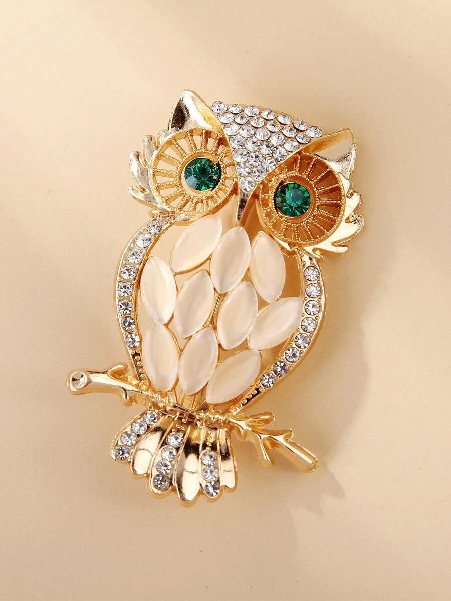 1pc Cat Eye Stone Owl Brooch - Yellow Gold - View 1