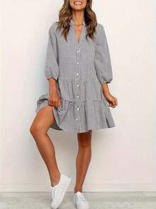 camisa de manga 3/4 holgada con cuello alto a cuadros, vestido de mujer casual de tela tejida con volantes y botones, de moda y caliente en el extranjero, adecuado para vacaciones, hogar, uso diario, fiesta de cumpleaños, sesión de fotos, ele - Negro - Ver 4