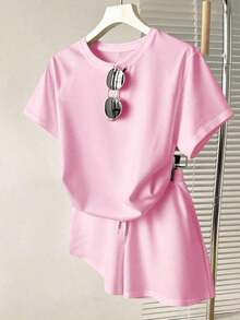Conjunto de dos piezas casual  2026: camiseta cuello redondo + shorts con cordón color café, ideal para verano - Rosa - Ver 9