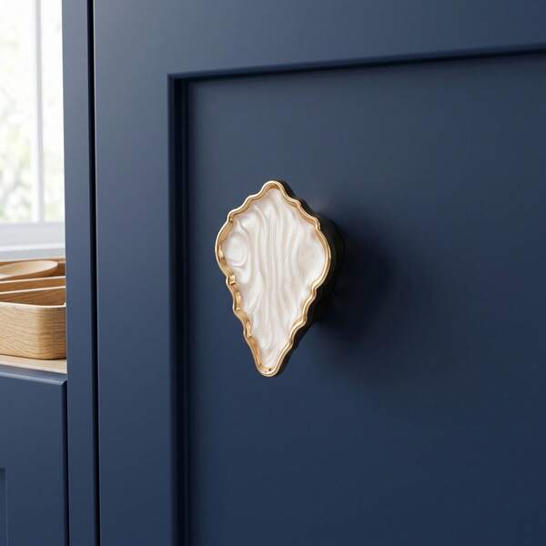 1pc Shell Shaped Luxury Cabinet/Drawer Pull Handle, Marble Texture Resin Universal Hardware Accessory