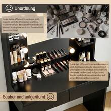 Devoko Modern Minimalist LED Vanity Table With Mirror, Black/White, 2 Drawers, 8 Open Shelves, Integrated Charging Station, 3 Light Colors With Dimmable Brightness, Flexibly Mountable Side Shelf - 查看 8