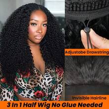 Half Wig Human Hair Jerry Curl With Drawstring Glueless Wear With Or Without Headband Wigs Human Hair For Women Beginner Friendly 200% Density 30 Inch - Natural Black - Xem 9