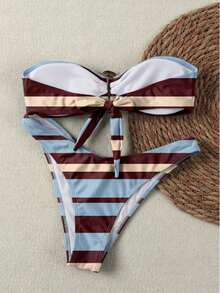 Bộ bikini quây không dây màu xanh sọc mới, gợi cảm, thanh lịch, thích hợp cho kỳ nghỉ hè, tiệc tùng, hẹn hò, đi biển. - Nhiều màu - Xem 2