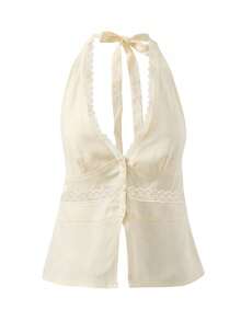 Women Halter Neck Backless Lace Trim Button Sleeveless Tank Tops V-Neck - Beige - View 1