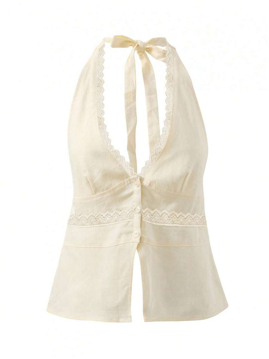 Women Halter Neck Backless Lace Trim Button Sleeveless Tank Tops V-Neck - Beige - View 1