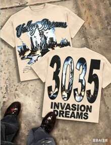 Valley Dreams Statue Of Liberty & City Explosion & "3035 INVASION DREAMS" Text 230g Combed Washed Cotton T-Shirt, Street Short-Sleeve Top, American - 杏色 - 查看 3