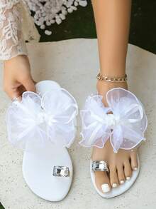 Fairy Style Women's Flip Flops, Sheer Mesh Big Bow Rhinestone Toe-Post Flat Sandals For Summer Beach Vacation Daily Wear - White - View 10