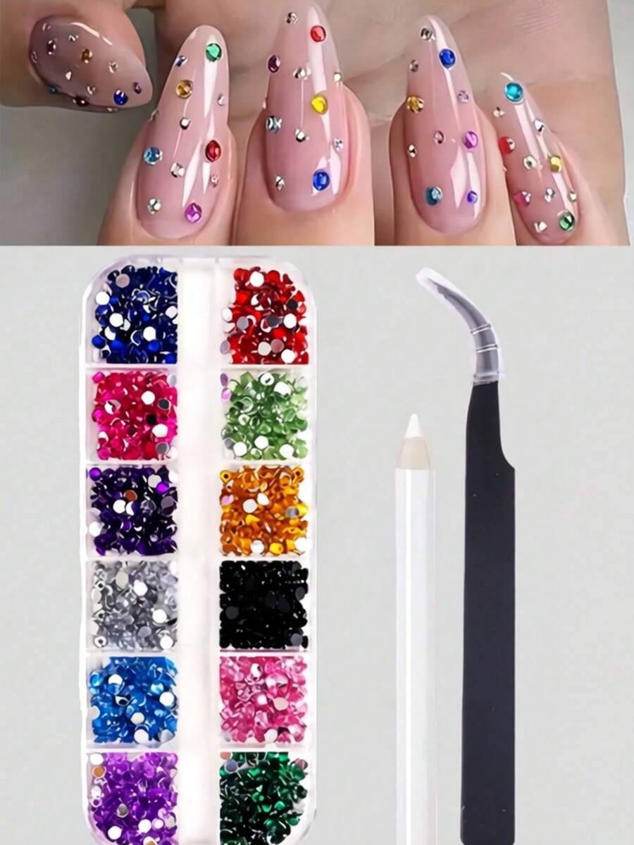 12 compartiments multi-tailles Strass 3D pour ongles - Pierres acryliques vives et pour la décoration d'art des ongles DIY, couleurs assorties (rose, bleu, vert, rouge, violet) - Parfait pour créer des designs d'ongles époustouflants, bijoux pour ongles - Multicolore - Voir 1