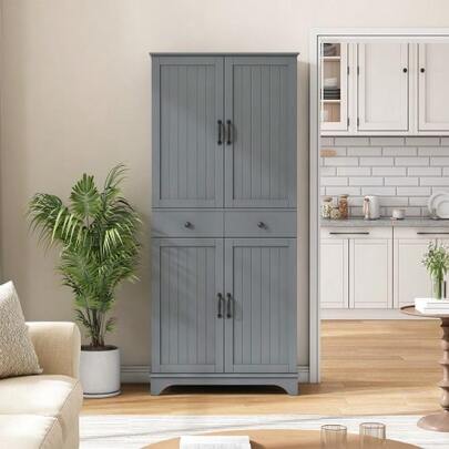 Hochschrank Mit Verstellbaren Regalböden Und Schubladen, Bücherregal Mit Ausziehbaren Regalböden Und Kühlschranktüren, Ideal Für Esszimmer, Wohnzimmer Und Küche (Grau)