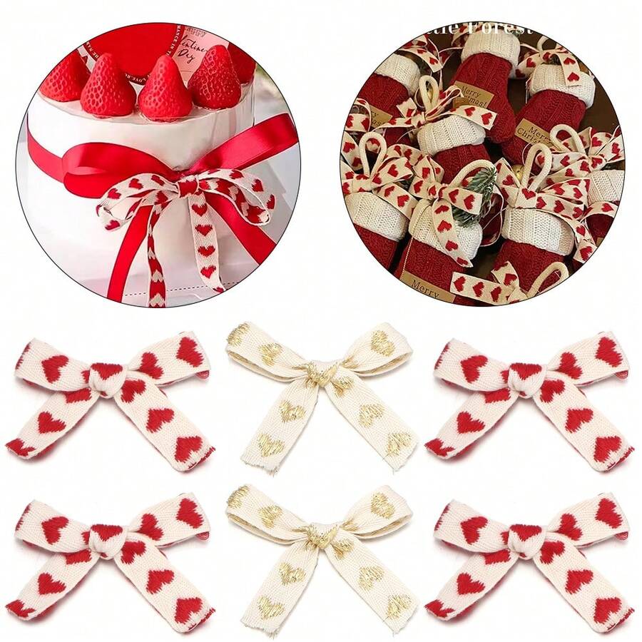 10pcs/Pack 6X7mm Heart Shaped Bow Ribbon, Versatile Embroidered Cotton Ribbon, Single Layer Bow Decor For Clothing, Bags, Gifts, Holiday Packaging