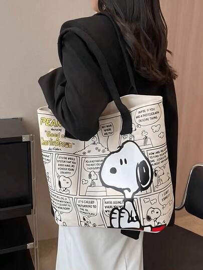  Snoopy Official Cartoon Print Canvas Tote Bag, Large Capacity Handbag And Shoulder Bag, Multi-Pocket + Fits 14-Inch Laptop, Durable Material, Suitable For Teens/Women/Students, School/Work/Travel, Ideal Birthday Gift For Snoopy/Peanuts Comics Fans, Essential Beach Bag