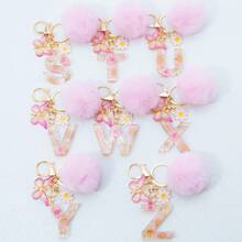 1pc Dried Flower Resin English Letter Keychain, Fashion Women Keychain With Butterfly Tassel Plush Ball Decor, Gift For Mom And Best Friend - Baby Pink - View 11