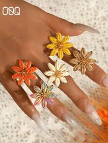 OOQ 1pc Summer Vacation Style Colorful Raffia Open Ring, Fresh And Elegant Dopamine Inspired Color Blocking, Suitable For Holiday, Music Festival, Party, Daily Commute, Gift For Friends (Handmade Raffia Weaving, Random Direction And Shape) - Flowers - View 2