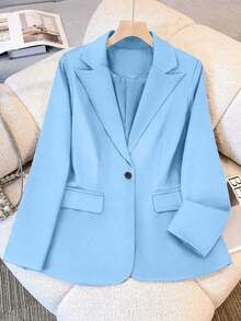 Chaqueta de blazer de unicolor con solapa para mujer, de manga larga con botones y bolsillos, adecuada para otoño, invierno y primavera.Chaqueta de oficina de manga larga, prenda exterior versátil para negocios y hogar, apta para otoño, invierno y primavera - Azul - Ver 5