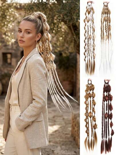 24 Inch Synthetic Bubble Braided Ponytail Hair Extensions With Elastic Band, Daily Use Hair Accessory For Women