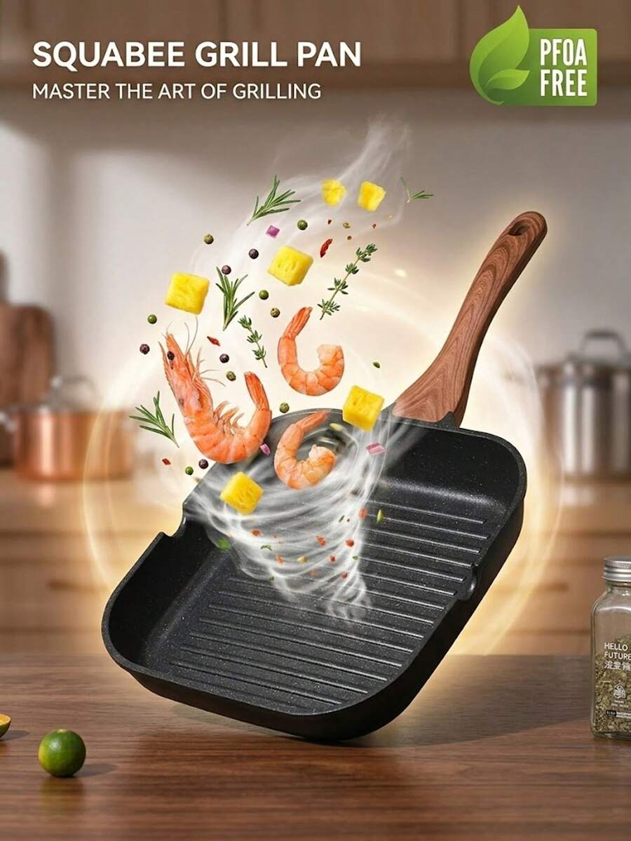 SQUABEE 28厘米方形不粘煎锅 - 带肋煎锅，适用于烹饪牛排、鸡肉、蔬菜，兼容燃气灶和电磁炉 - 查看 1