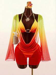 3 piezas Conjunto de Bikini de Mujer - Top, Bottom y Cubrimiento - Multicolor 2 - Ver 2