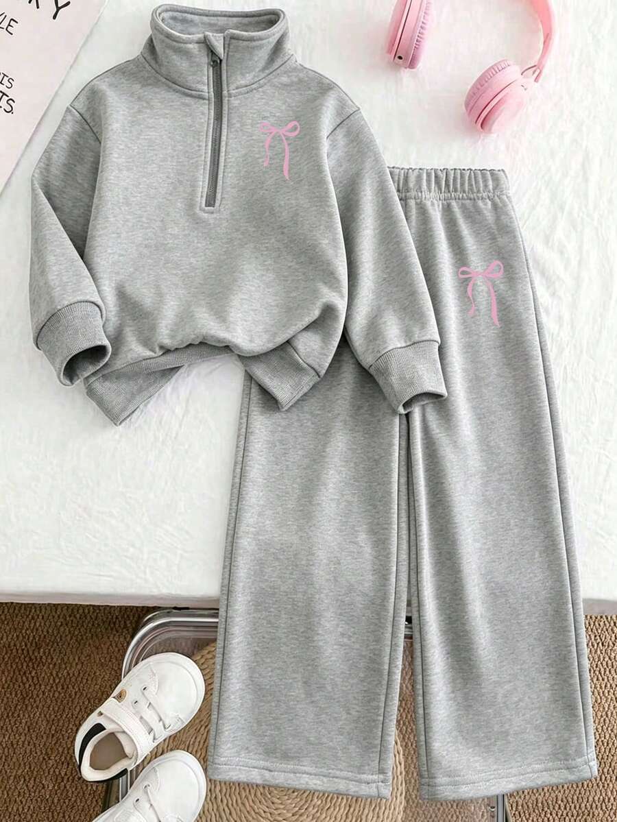 2pcs Tween Girls' Cartoon Print Solid Color Sweatshirt And Pants Set, Minimalist Design, Comfortable For Spring, Autumn And Winter - Grey - View 1