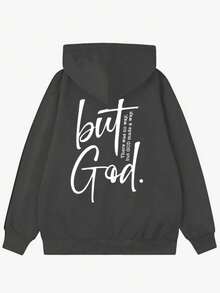 新款女式秋冬連帽衛衣，印有「But God」圖案，柔軟舒適，抓絨內裡，休閒秋季上衣 - 深灰色 - 查看 6