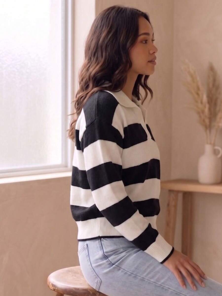 Women's Striped Knit Polo Neck Long Sleeve Ribbed Knit Sweater For Autumn/Winter - 關閉/因此 - 查看 1