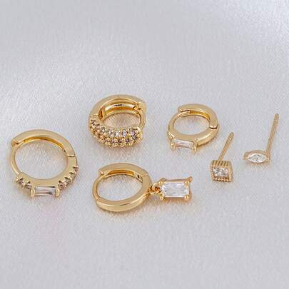 6pcs Zirconia Inlaid Earrings Set, Exquisite Sparkling Jewelry Accessories For Women, Suitable For Daily Wear, Dates, Music Festivals, Parties