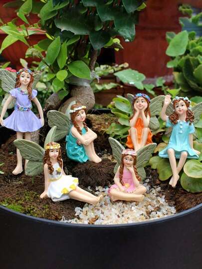 6pcs - 6 Styles Fairy Garden Statues, Mini Fairy Figurines, Suitable For Fairy Garden, Planter, Home Decor, Birthday Cake Topper, Fairy Wings Ornaments, Mini Fairy Statues For Potted Plants And Outdoor Lawn, Themed Garden Decor. Not Suitable For Children Under 14 Years Old.