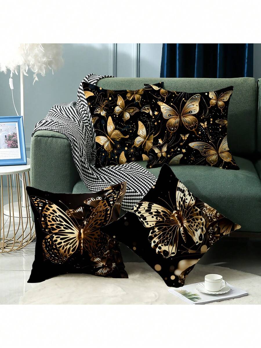 Bộ 4 vỏ gối màu đen vàng, họa tiết bướm vàng và sao sang trọng. - 4pcs - Xem 1