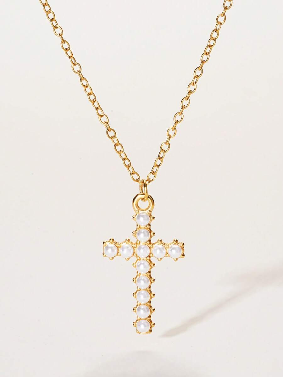1 Stück Edelstahl Goldener Eleganter Künstlicher Perlen Kreuz Anhänger Halskette, vielseitig stapelbare Halsketten für Frauen - Gold - Übersicht 1