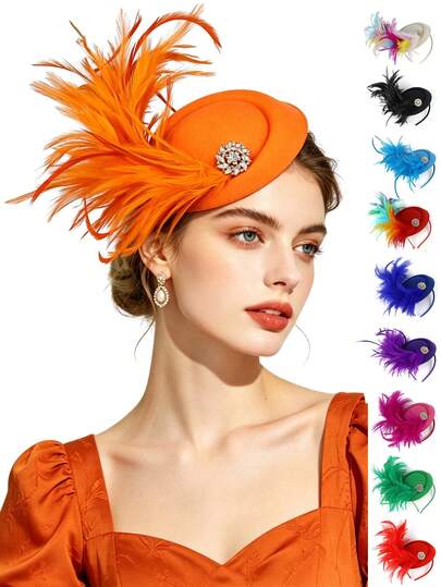 1 chiếc mũ cài tóc đính lông vũ, kiểu dáng Bohemian cổ điển, thanh lịch, thích hợp cho tiệc cưới, tiệc trà, tiệc cocktail, ngày hội đua ngựa, phù hợp cho mọi mùa.