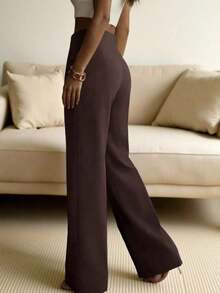 Pantalones rectos de pierna ancha de unicolor para mujer, pantalones casuales de pierna recta, versátiles para diversas ocasiones y para ir al trabajo, color blanco primaveral - Marrón - Ver 5