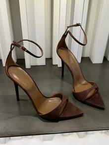 European And American Pointed Toe High Heels, Thin Heel, Rhinestone Embellished Gold Open Toe Sexy Elegant Lady Dress Sandals For Women,Stilettos Heels,Summer Shoes - Brown - View 5