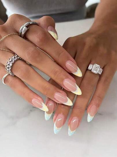 10pcs Handmade Nail Stickers, Short Summer Nail Stickers, French Tip Design, Nude Base With Light Blue And Cream Polka Dots, Sweet And Fresh Style, Suitable For Daily Commute, Summer Outing And Dating