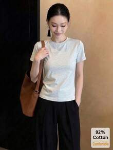 短袖T恤，百搭短袖T恤，女士短袖上衣，修身纯色打底衫，休闲夏季 - 灰色 - 查看 3